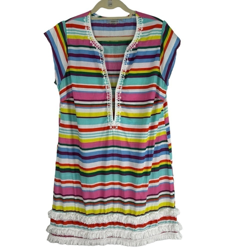 Blue Rod Beattie Cover Up Dress Blue White Stripe Embroidered Fringe Size Medium